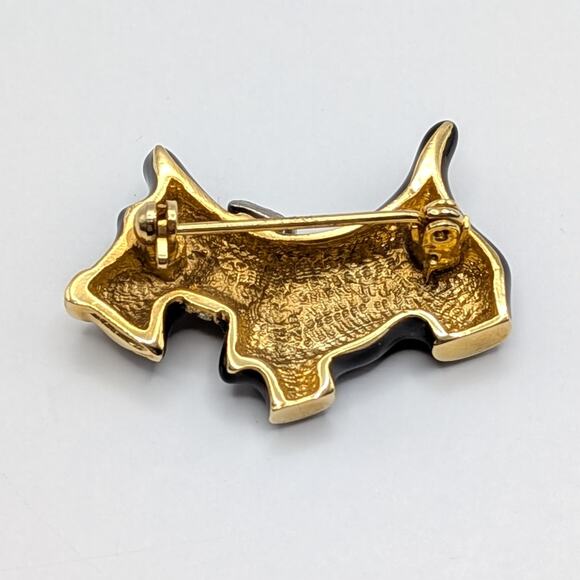 Vintage Black Enamel Scottie Dog Terrier Brooch Pin Rhinestone Bow Collar - Picture 3 of 4